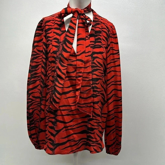 Rixo Moss Blouse Long Sleeve Shirt V-Neck Animal Print Tie Bow Silk Red Medium - Picture 2 of 11